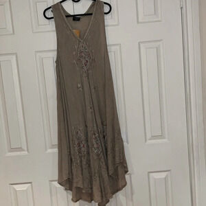 Vintage style Beige cotton flowy embroidered  sleeveless dress free size